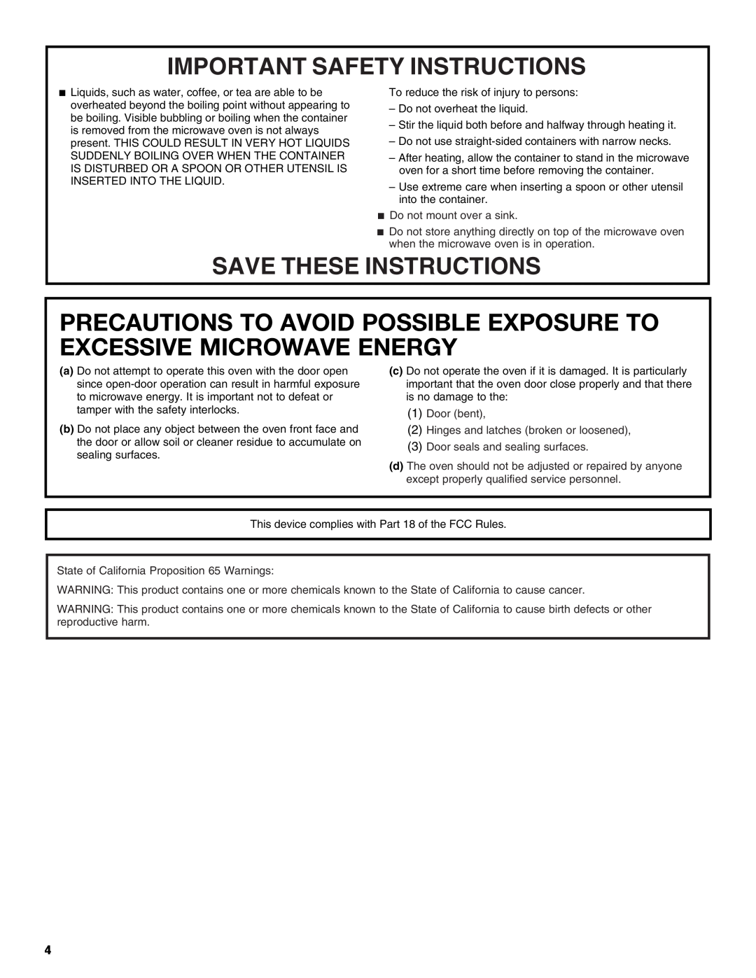 Whirlpool WMC50522 Precautions To Avoid Possible Exposure To Excessive Microwave Energy, Important Safety Instructions 