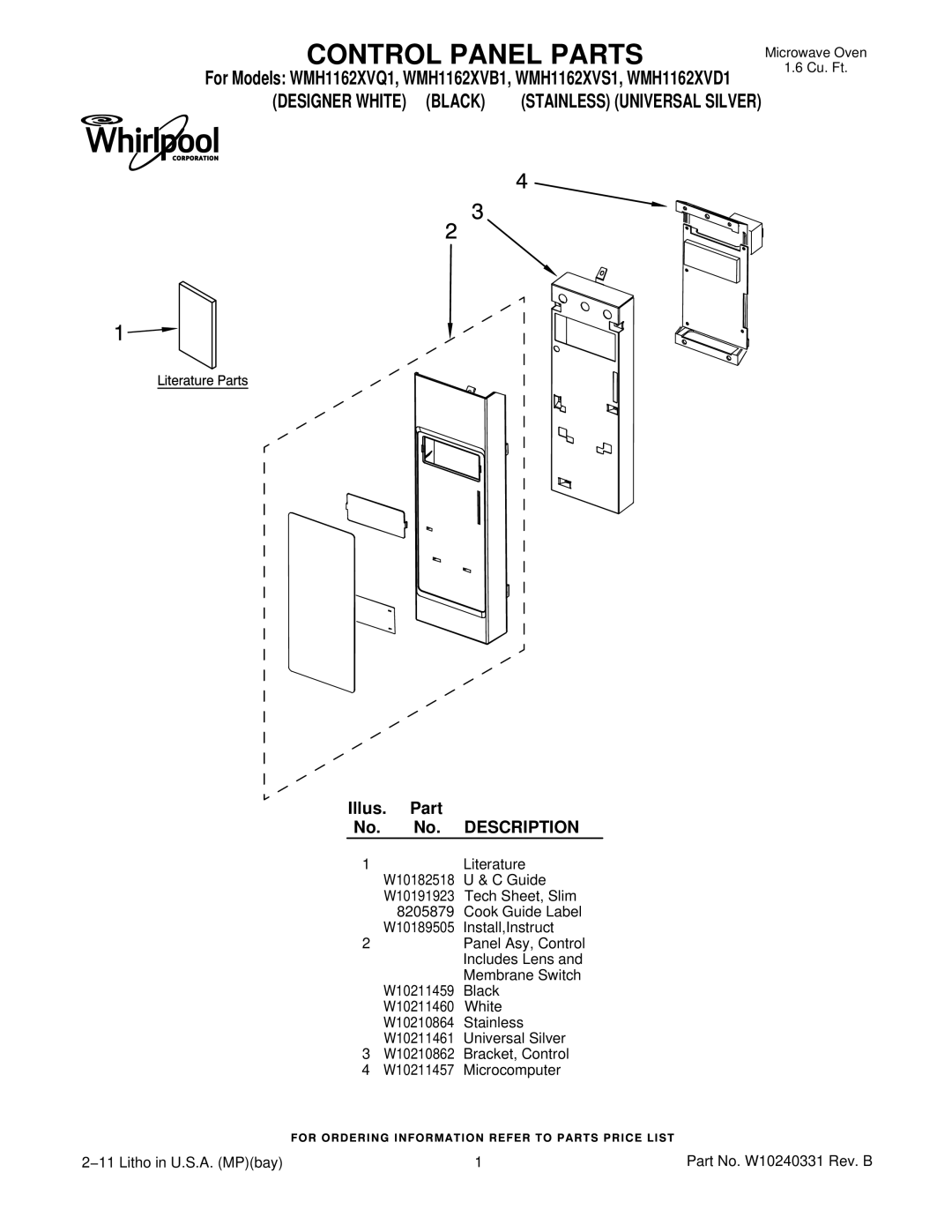 Whirlpool WMH1162XVD1, WMH1162XVS1, WMH1162XVB1 manual Control Panel Parts, Designer White Black Stainless Universal Silver 