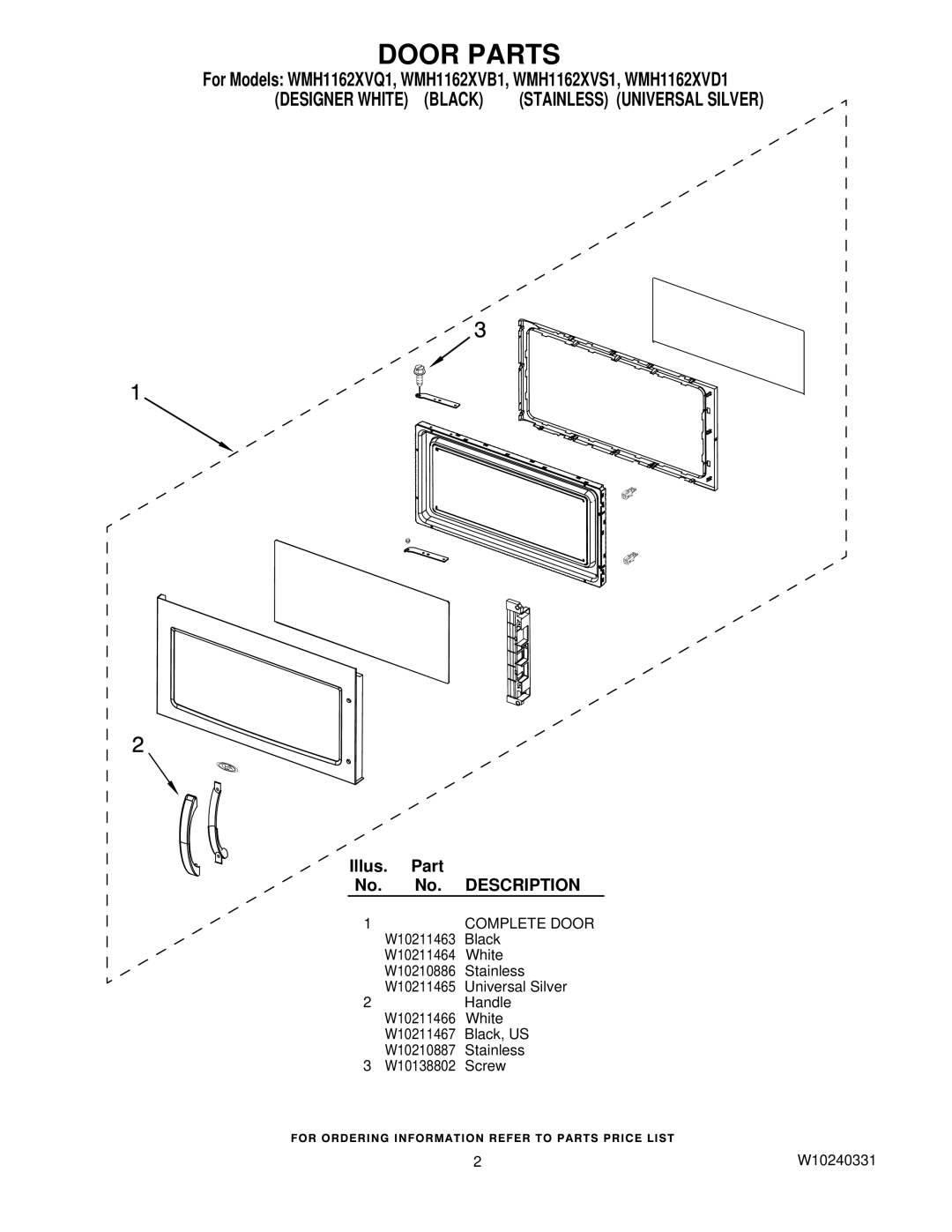 Whirlpool WMH1162XVB1, WMH1162XVS1, WMH1162XVD1, WMH1162XVQ1 manual Door Parts, Designer White Black 