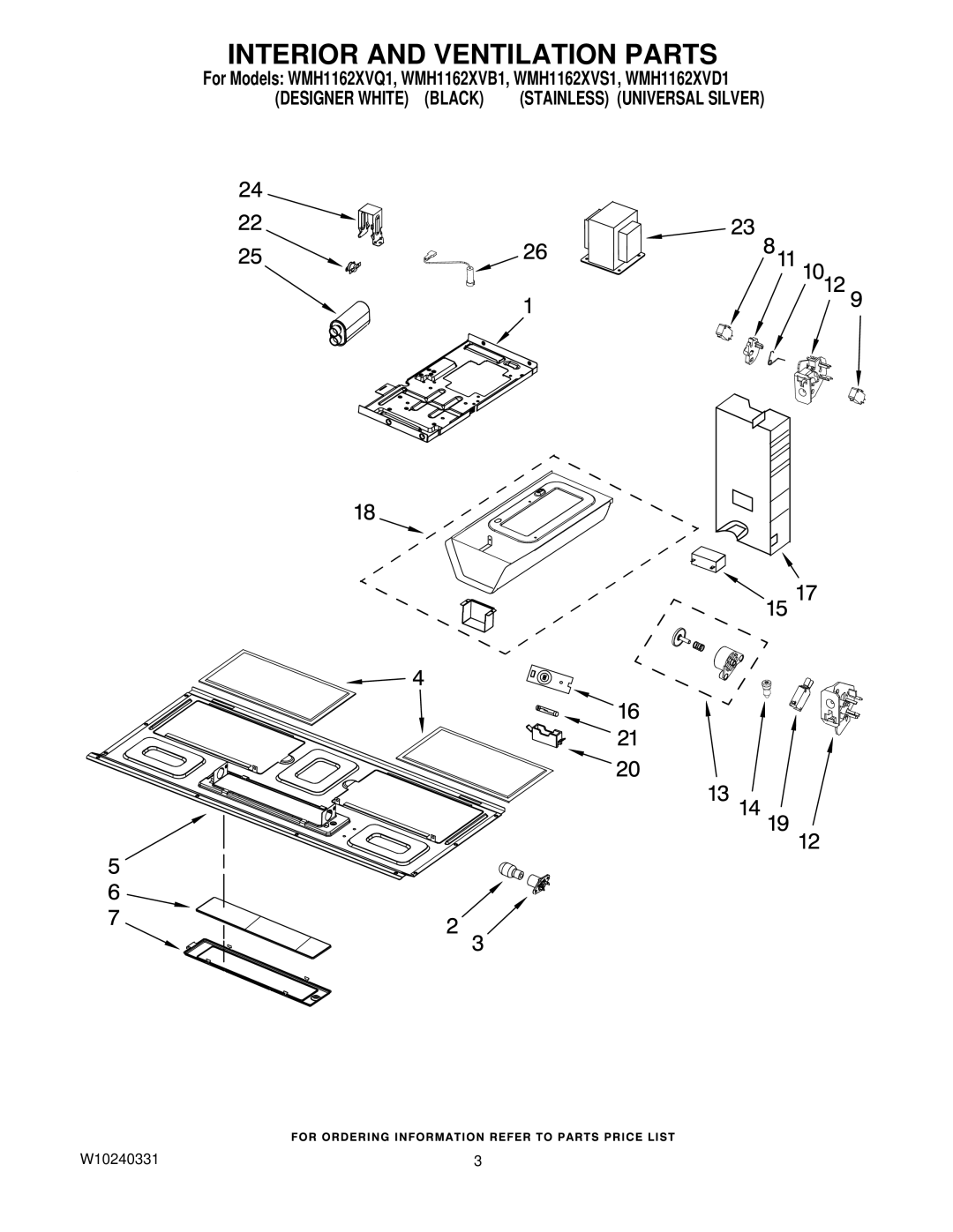 Whirlpool WMH1162XVQ1, WMH1162XVS1, WMH1162XVD1, WMH1162XVB1 manual Interior and Ventilation Parts 