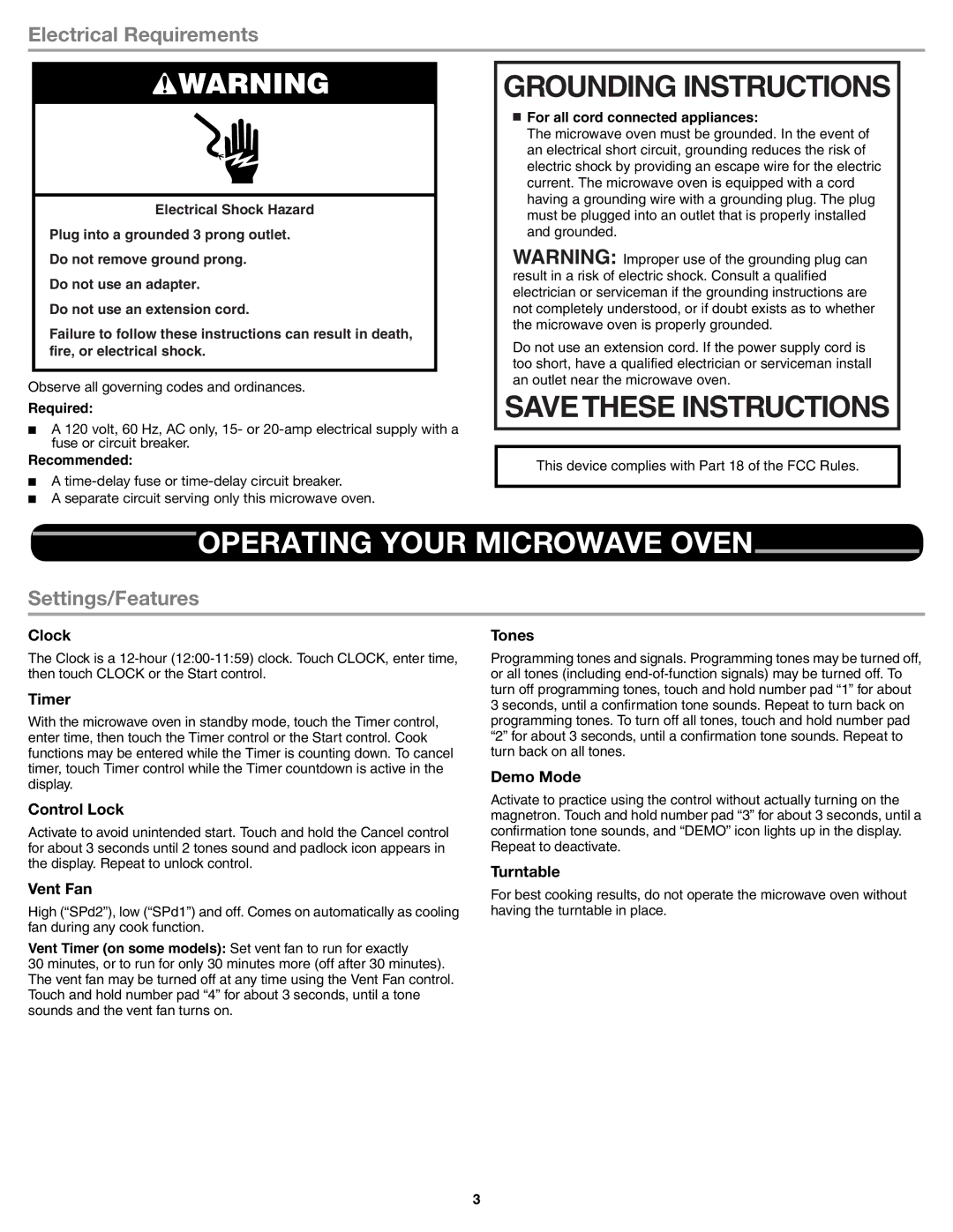 Whirlpool WMH31017AB Grounding Instructions, Operating Your Microwave Oven, Electrical Requirements, Settings/Features 