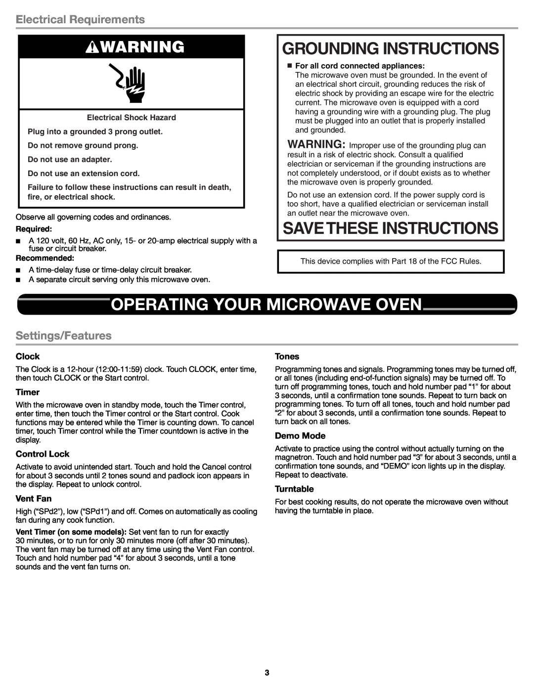 Whirlpool WMH31017AB Grounding Instructions, Operating Your Microwave Oven, Electrical Requirements, Settings/Features 