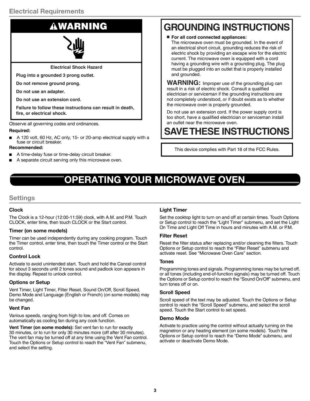 Whirlpool W10545086A, WMH75520AB Grounding Instructions, Operating Your Microwave Oven, Electrical Requirements, Settings 