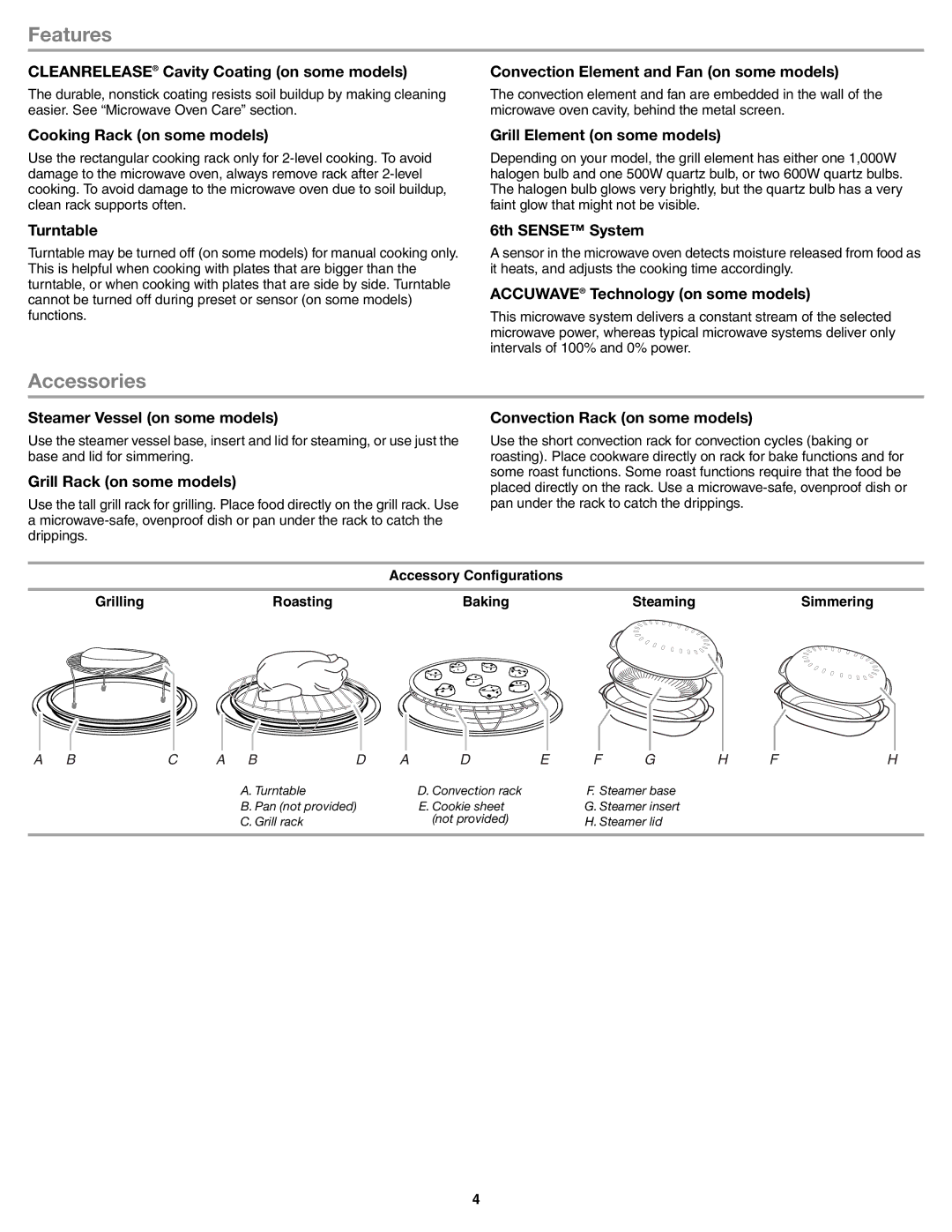 Whirlpool WMH75520AB, WMH75520AW, WMH75520AS, W10545086A important safety instructions Features, Accessories 