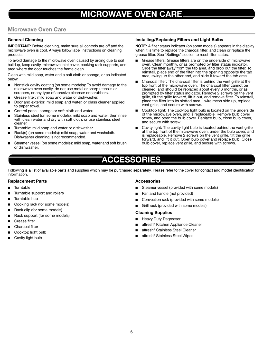 Whirlpool WMH75520AS, WMH75520AB, WMH75520AW, W10545086A important safety instructions Microwave Oven Care, Accessories 