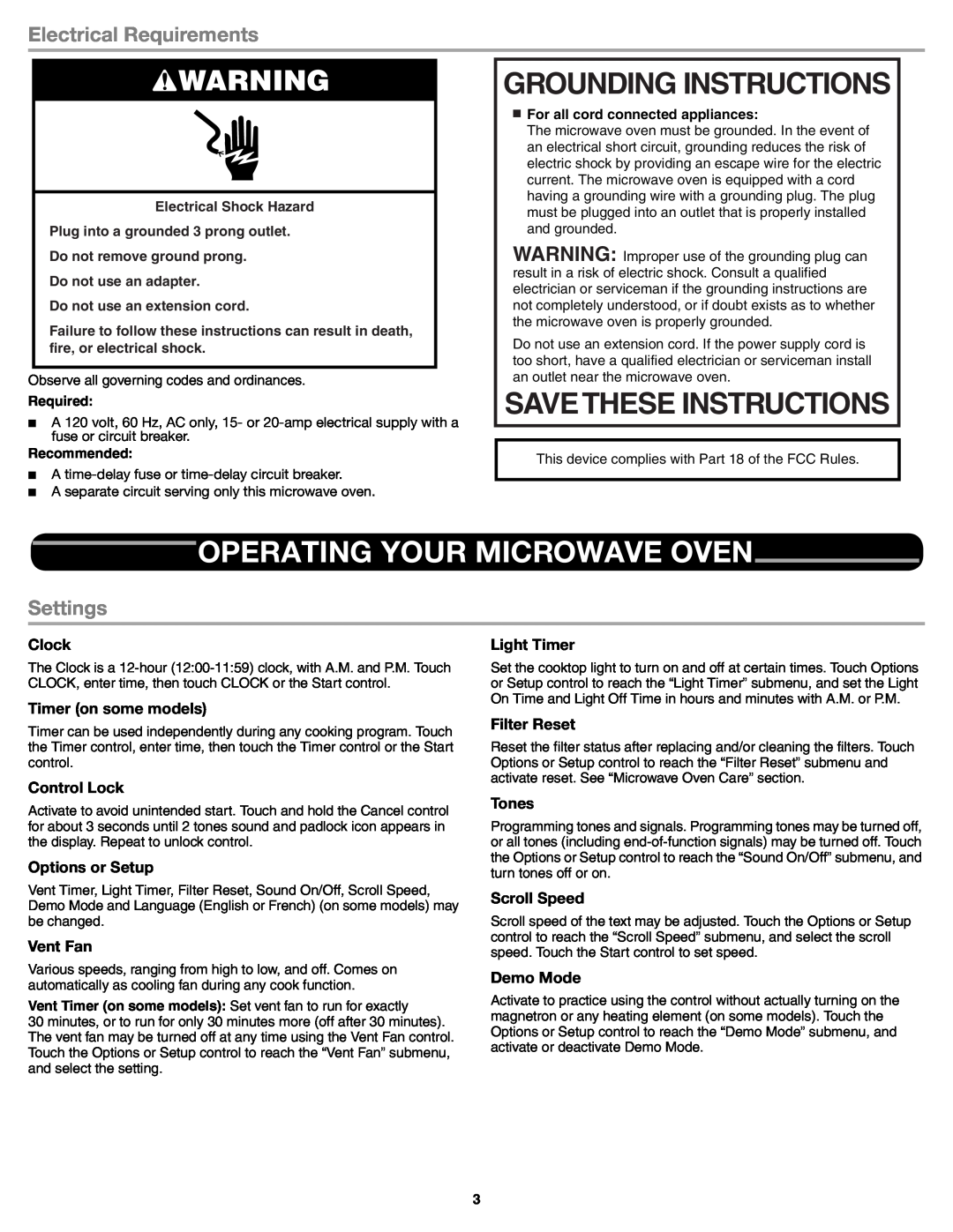 Whirlpool W10545086A, WMH75520AB Grounding Instructions, Operating Your Microwave Oven, Electrical Requirements, Settings 