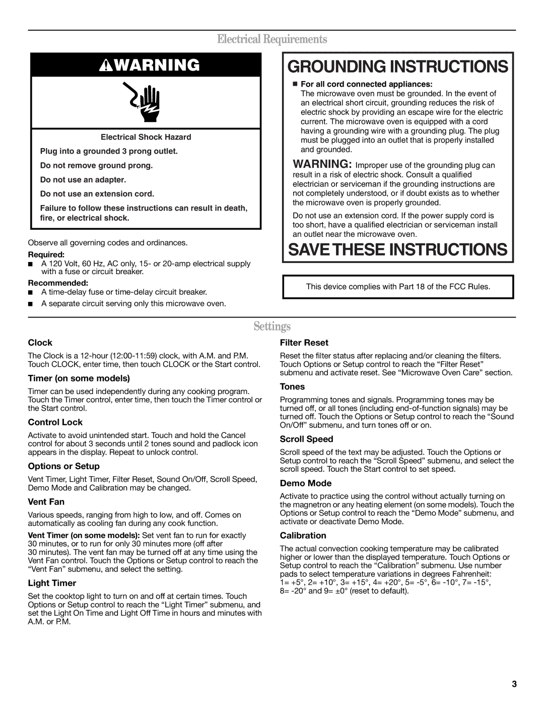 Whirlpool W10249249A, WMH76718AW, WMH76718AB, WMH76718AS Grounding Instructions, Electrical Requirements, Settings 