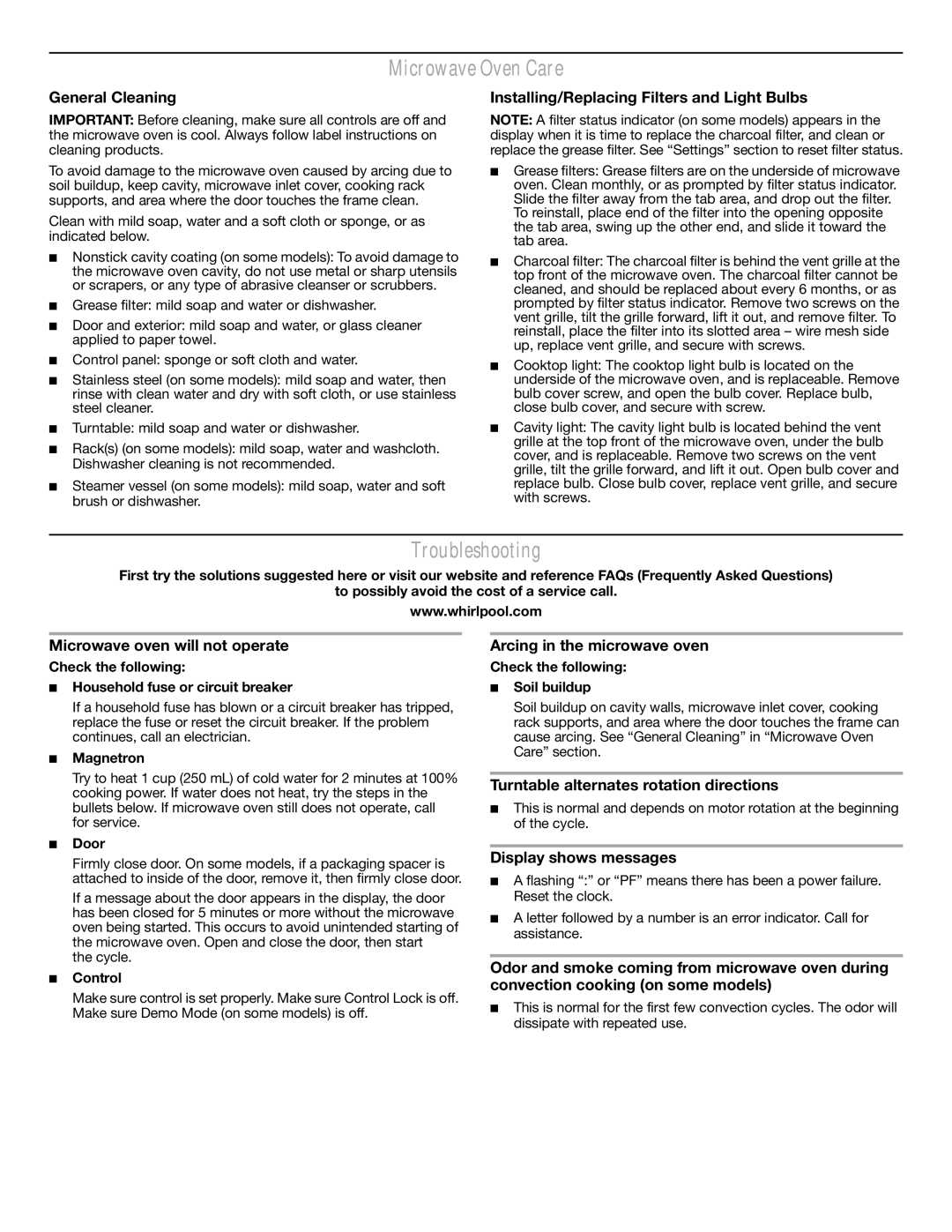 Whirlpool WMH76718AB, WMH76718AW, WMH76718AS, W10249249A, W10249654A Microwave Oven Care, Troubleshooting 