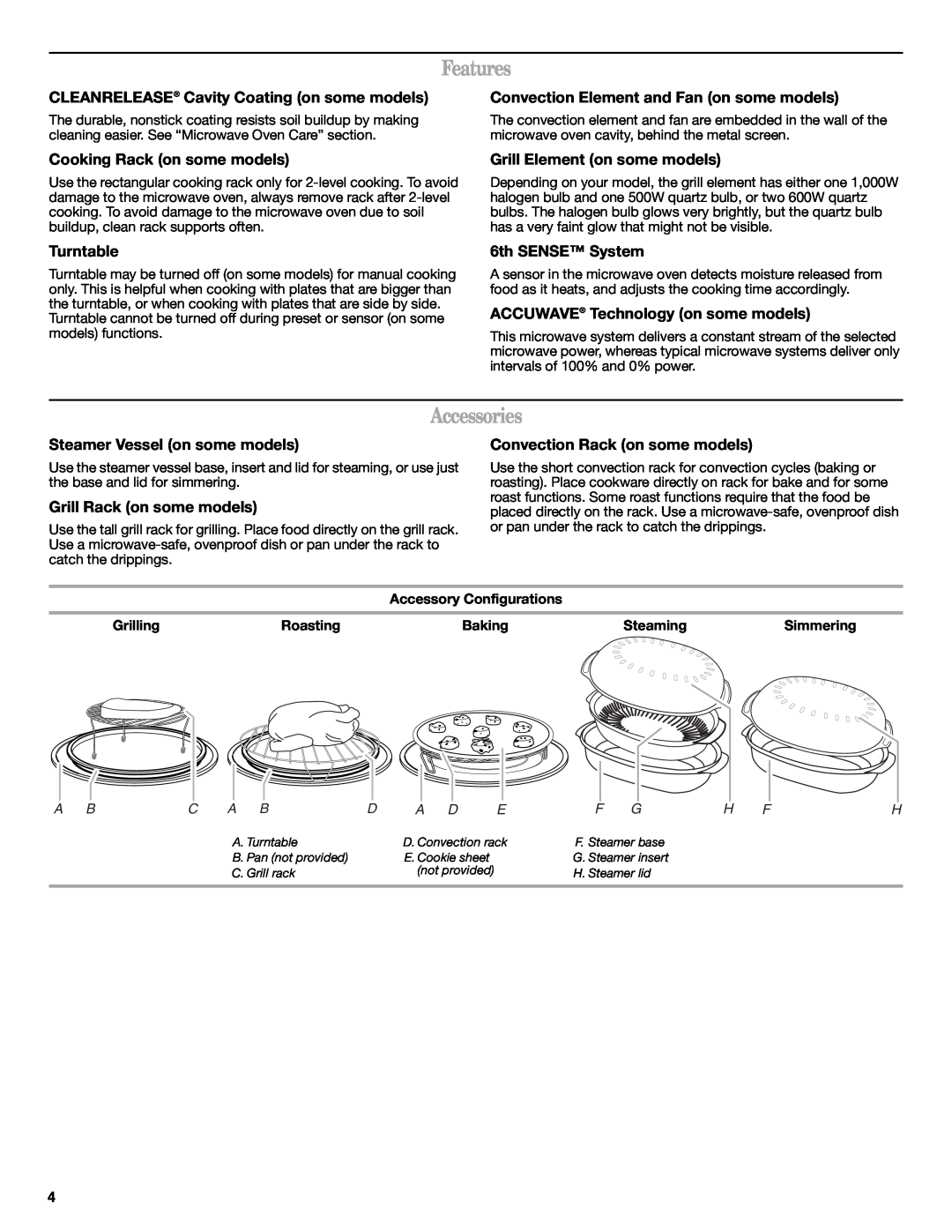 Whirlpool W10249654A Features, Accessories, CLEANRELEASE Cavity Coating on some models, Cooking Rack on some models 