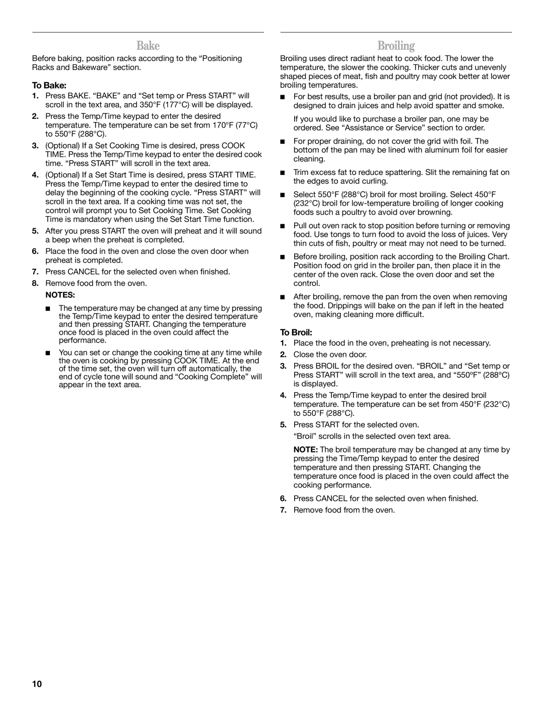 Whirlpool WOC54EC0AW, WOC54EC7AB, WOC54EC0AS, WOC54EC7AS, KEMS309BSS manual Broiling, To Bake, To Broil 