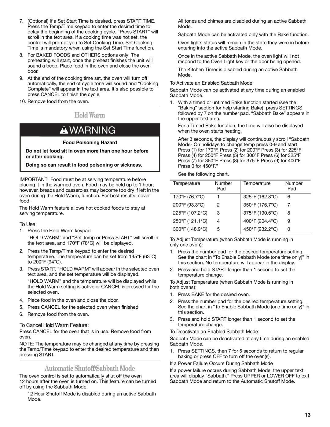 Whirlpool WOC54EC7AS, WOC54EC0AW, WOC54EC7AB manual Automatic Shutoff/Sabbath Mode, To Use, To Cancel Hold Warm Feature 