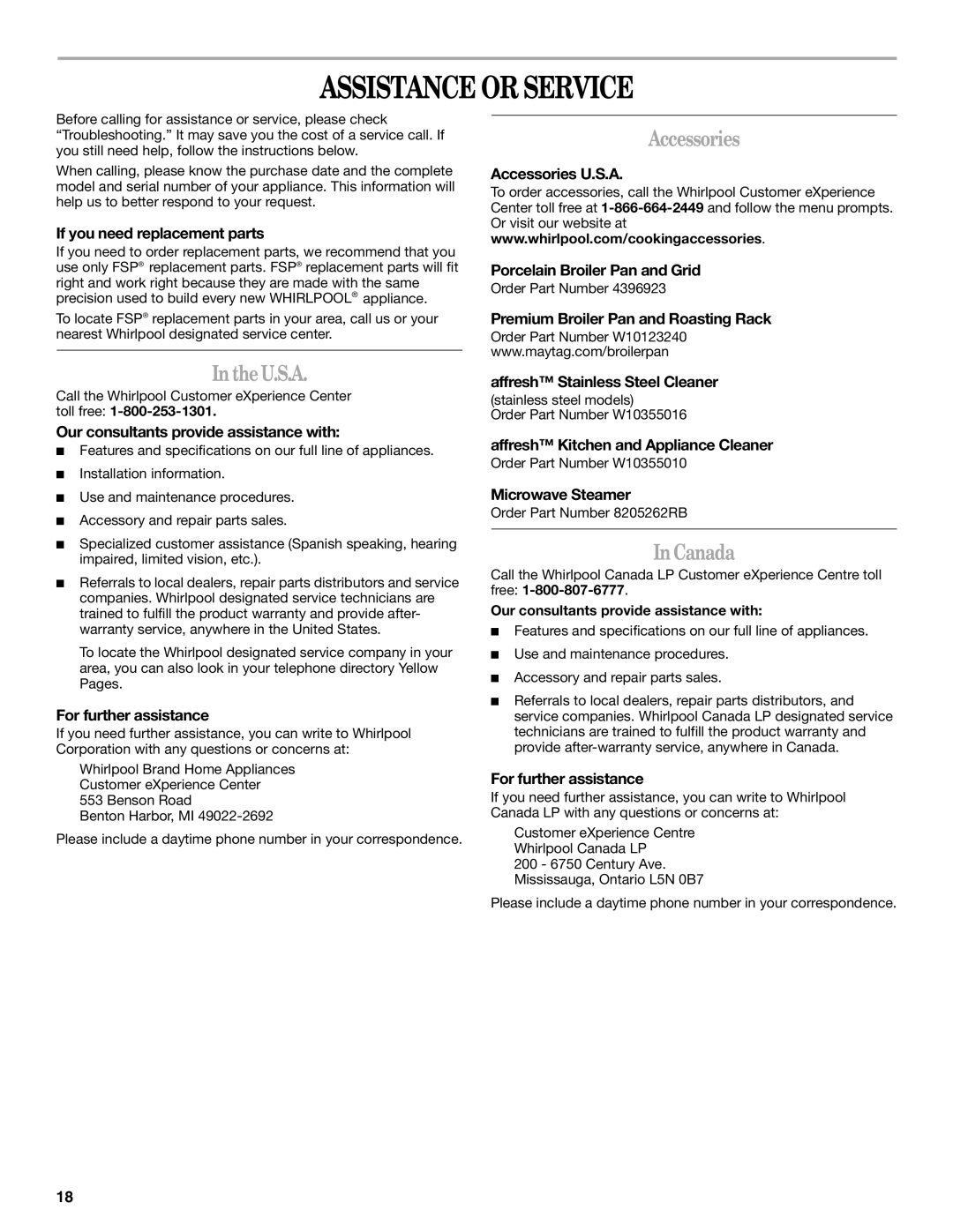 Whirlpool WOC54EC7AS, WOC54EC0AW, WOC54EC7AB, WOC54EC0AS, KEMS309BSS manual Assistance or Service, U.S.A, Accessories, Canada 