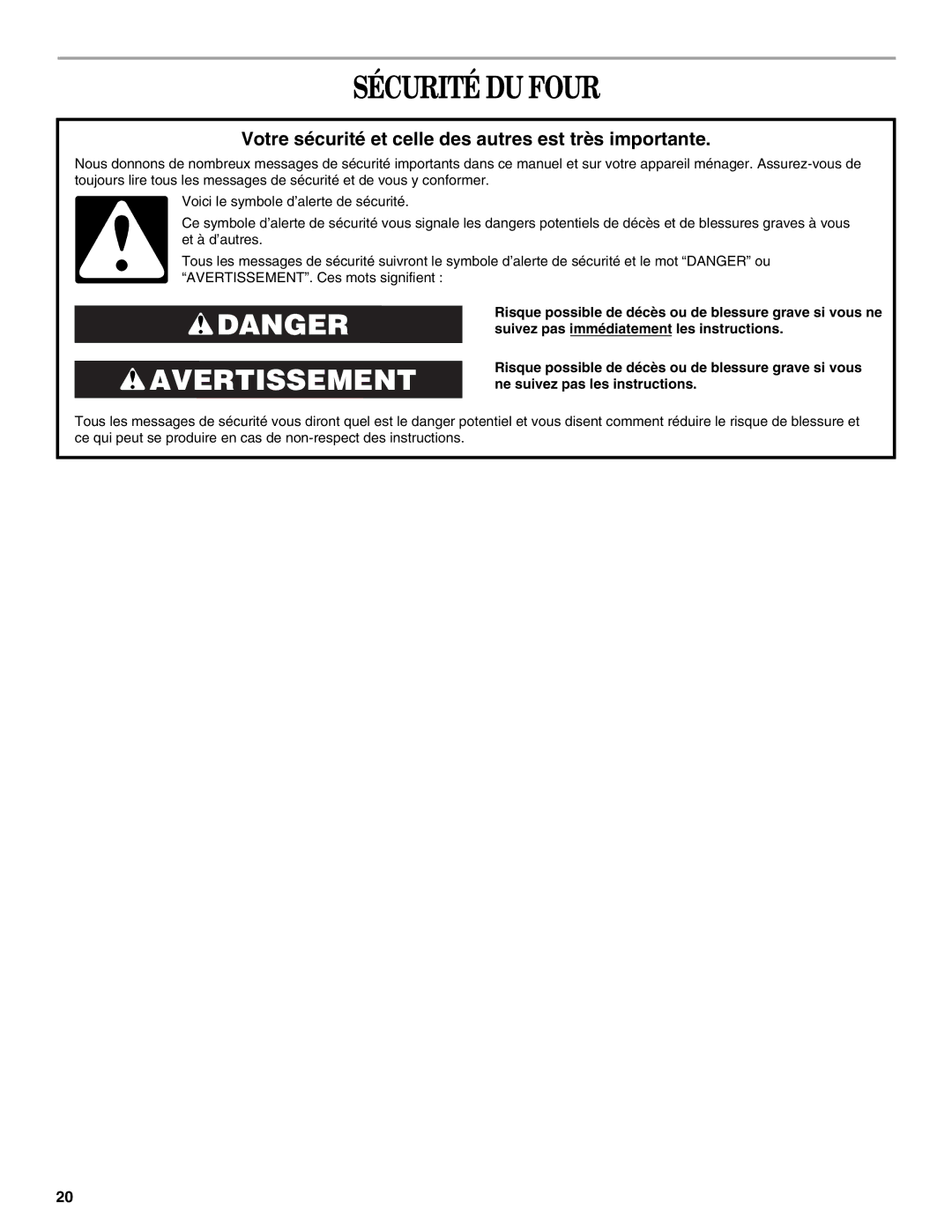 Whirlpool WOC54EC0AW, WOC54EC7AB, WOC54EC0AS manual Sécurité DU Four, Votre sécurité et celle des autres est très importante 