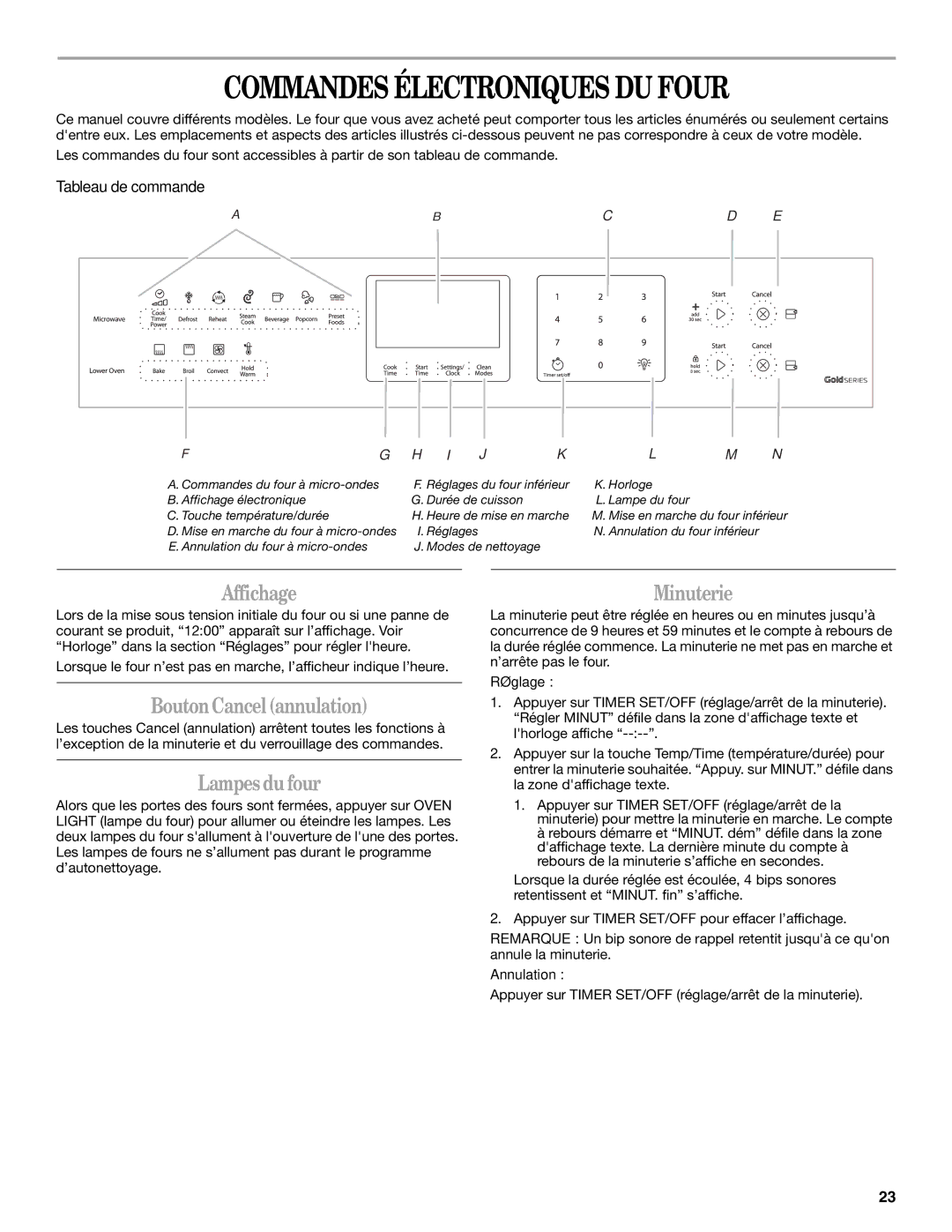 Whirlpool WOC54EC7AS manual Commandes Électroniques DU Four, Affichage, Bouton Cancel annulation, Lampes du four, Minuterie 