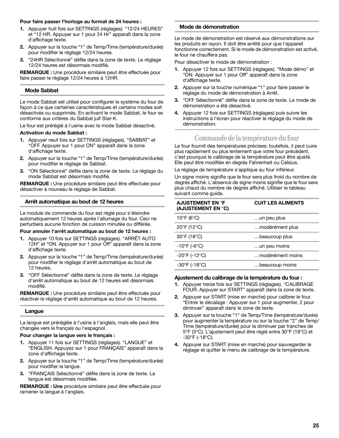 Whirlpool WOC54EC0AW, WOC54EC7AB, WOC54EC0AS, WOC54EC7AS, KEMS309BSS manual Commande de la température du four 