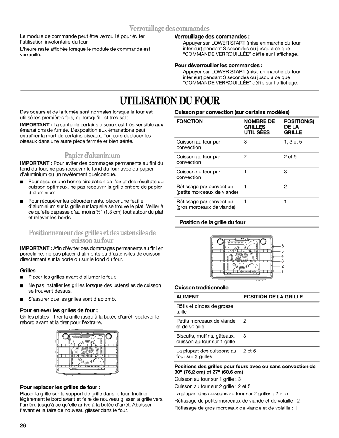 Whirlpool WOC54EC7AB, WOC54EC0AW manual Utilisation DU Four, Verrouillage des commandes, Papier d’aluminium, Cuisson au four 