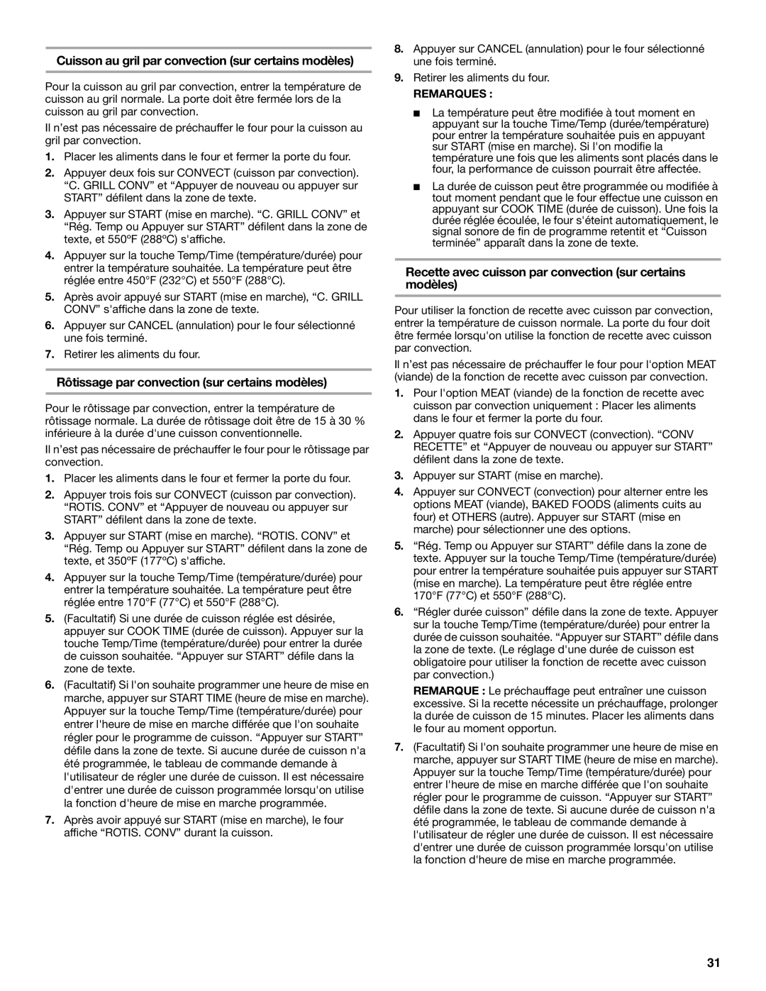 Whirlpool WOC54EC7AB Cuisson au gril par convection sur certains modèles, Rôtissage par convection sur certains modèles 