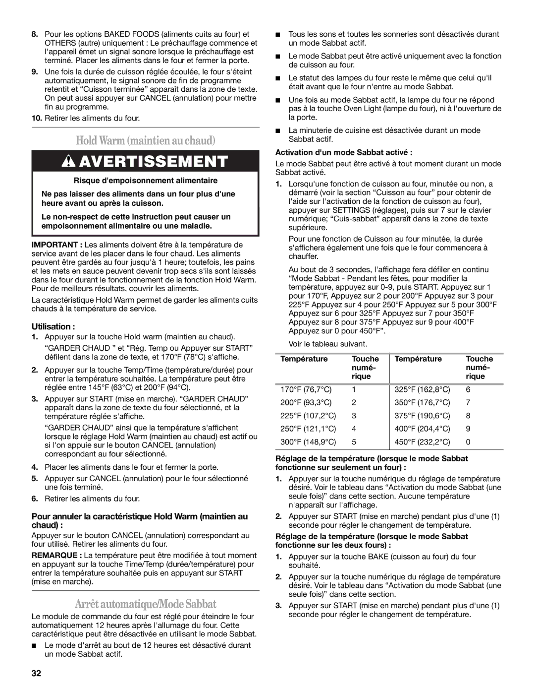 Whirlpool WOC54EC0AS, WOC54EC0AW, WOC54EC7AB manual Hold Warm maintien au chaud, Arrêt automatique/Mode Sabbat, Utilisation 