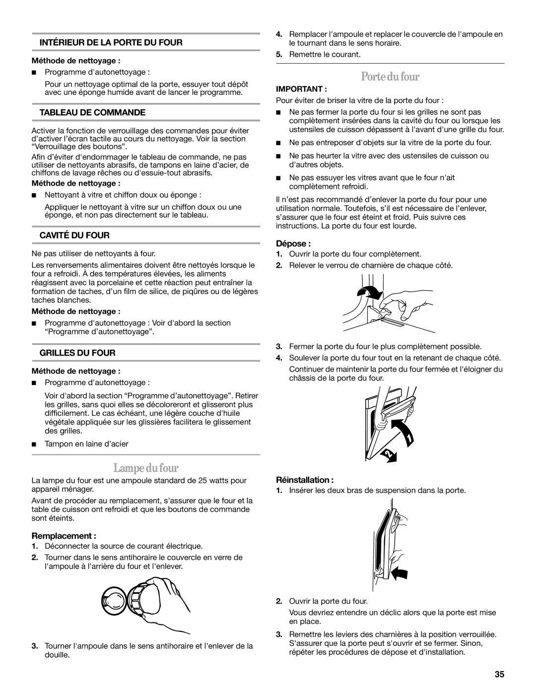 Whirlpool WOC54EC0AW, WOC54EC7AB, WOC54EC0AS, WOC54EC7AS Lampe du four, Porte du four, Remplacement, Dépose, Réinstallation 