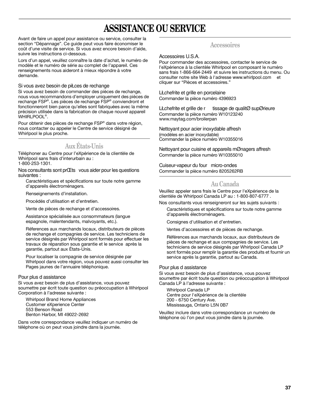 Whirlpool WOC54EC0AS, WOC54EC0AW, WOC54EC7AB, WOC54EC7AS manual Assistance OU Service, Aux États-Unis, Accessoires, Au Canada 