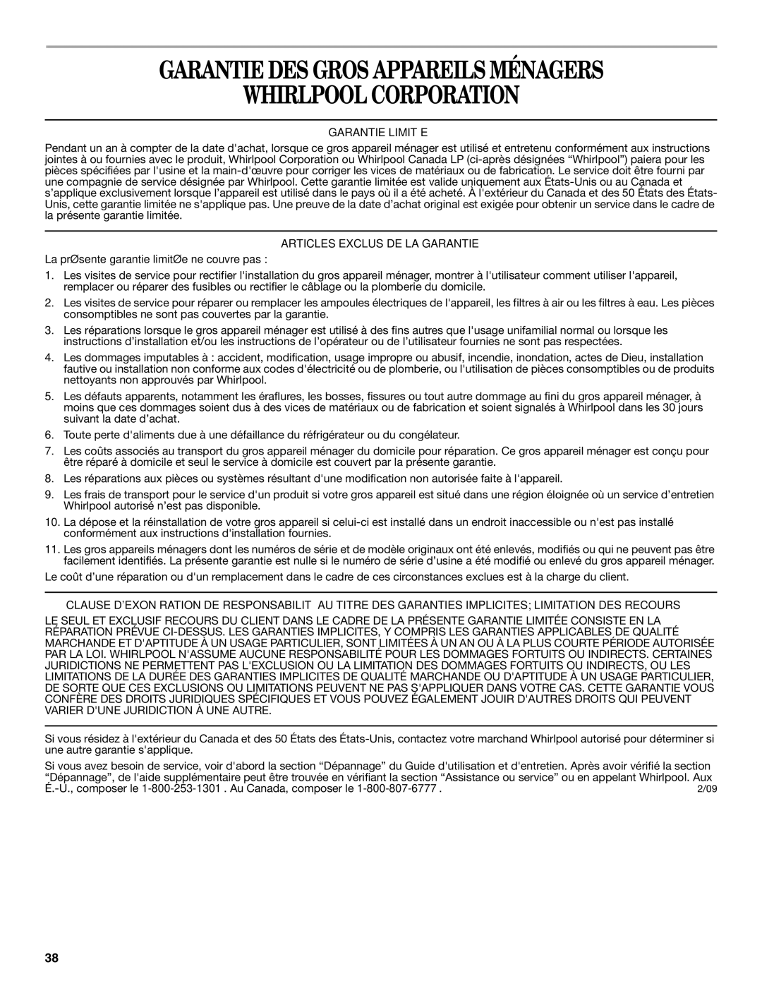 Whirlpool WOC54EC7AS, WOC54EC0AW, WOC54EC7AB Garantie DES Gros Appareils Ménagers Whirlpool Corporation, Garantie Limitée 