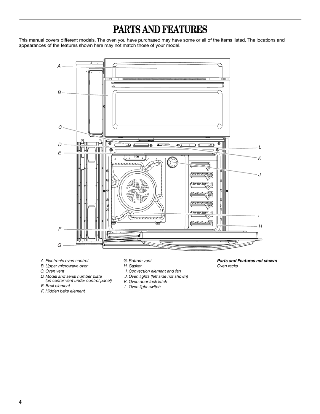 Whirlpool KEMS309BSS, WOC54EC0AW, WOC54EC7AB, WOC54EC0AS, WOC54EC7AS manual Parts and Features 