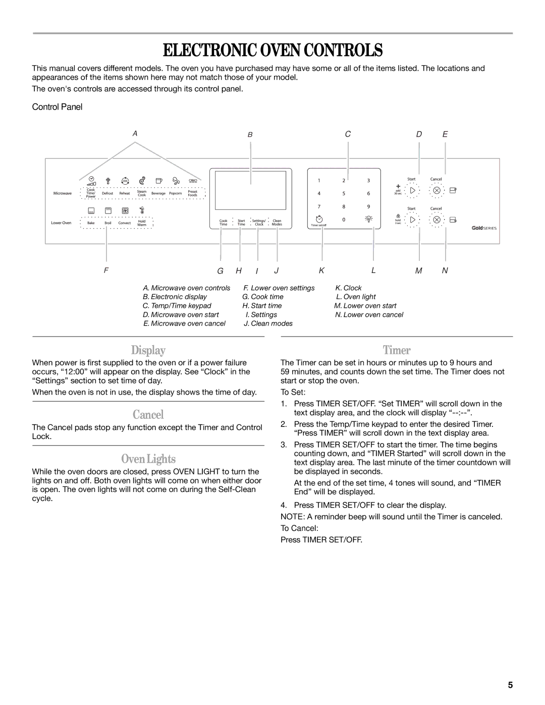 Whirlpool WOC54EC0AW, WOC54EC7AB, WOC54EC0AS, WOC54EC7AS manual Electronic Oven Controls, Display, Cancel, Oven Lights, Timer 