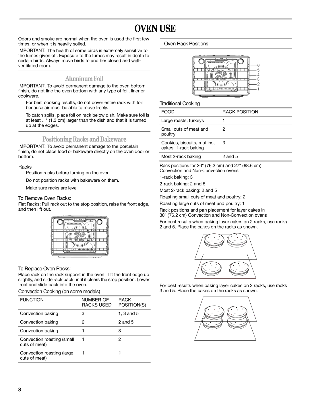 Whirlpool WOC54EC7AS, WOC54EC0AW, WOC54EC7AB, WOC54EC0AS, KEMS309BSS Oven USE, Aluminum Foil, Positioning Racks and Bakeware 