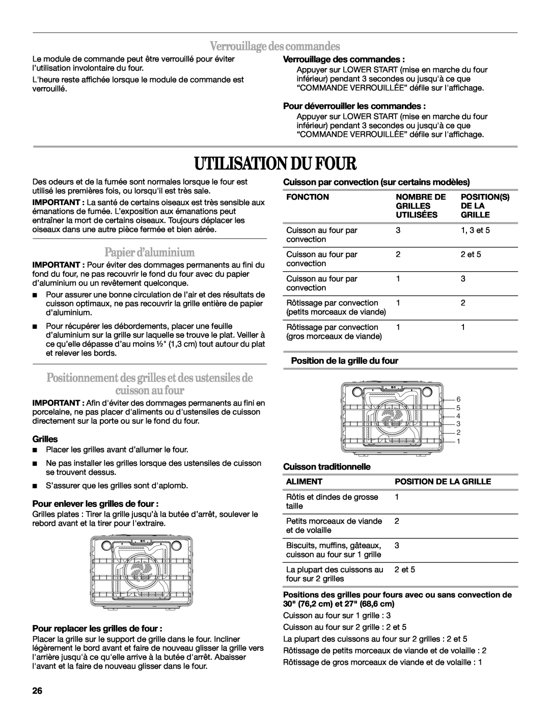 Whirlpool WOC54EC7AB manual Utilisation Du Four, Verrouillage des commandes, Papier d’aluminium, cuisson au four, Grilles 