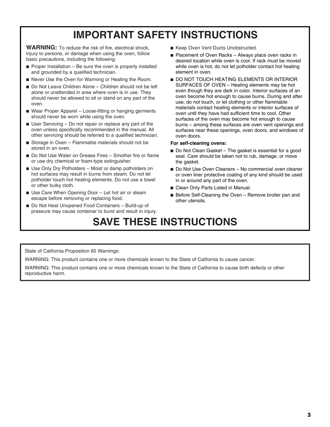 Whirlpool WOC54EC7AS, WOC54EC0AW manual Important Safety Instructions, Save These Instructions, For self-cleaning ovens 