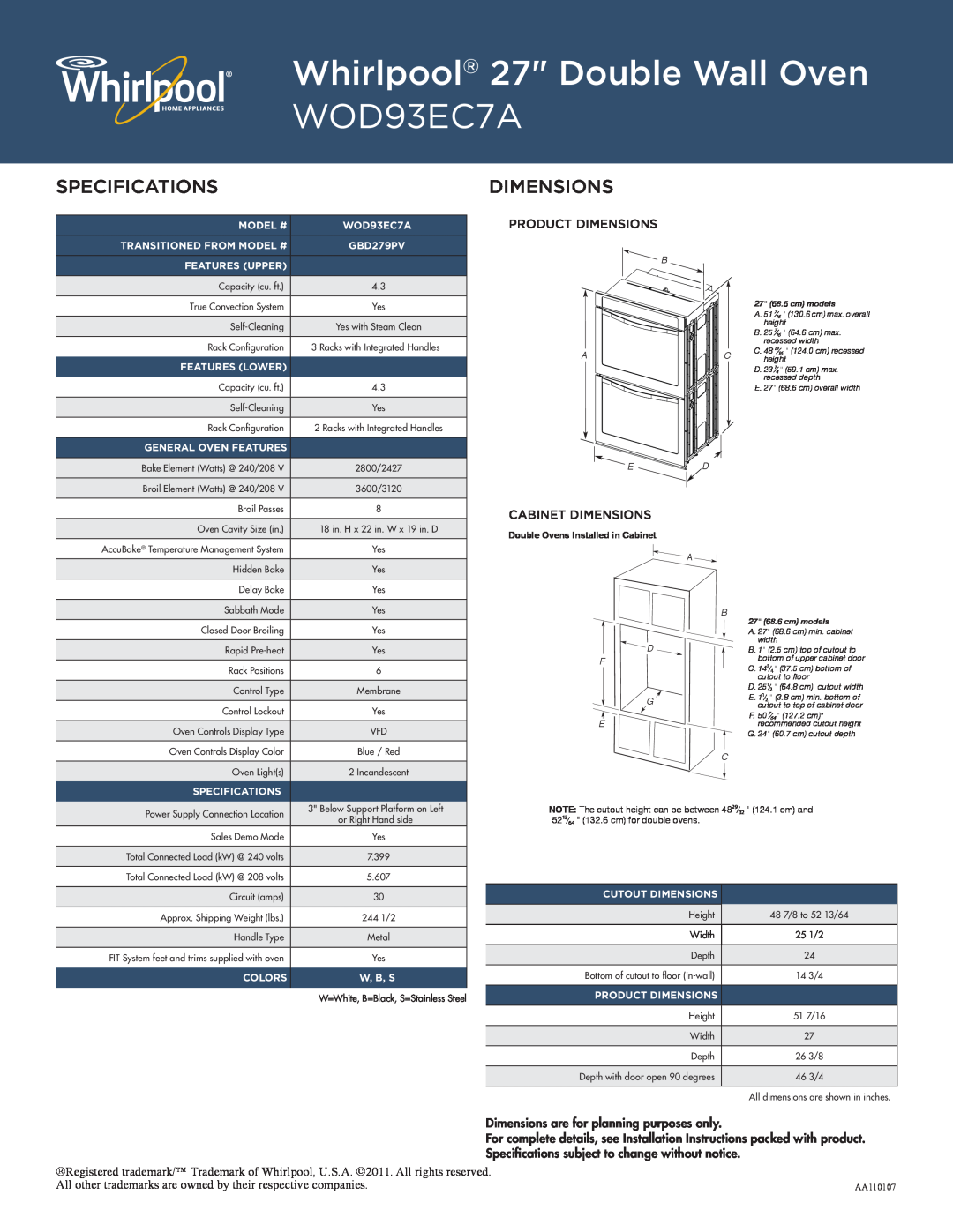 Whirlpool WOS51EC0A manual Product Dimensions, Cabinet Dimensions, Whirlpool 27 Double Wall Oven WOD93EC7A 