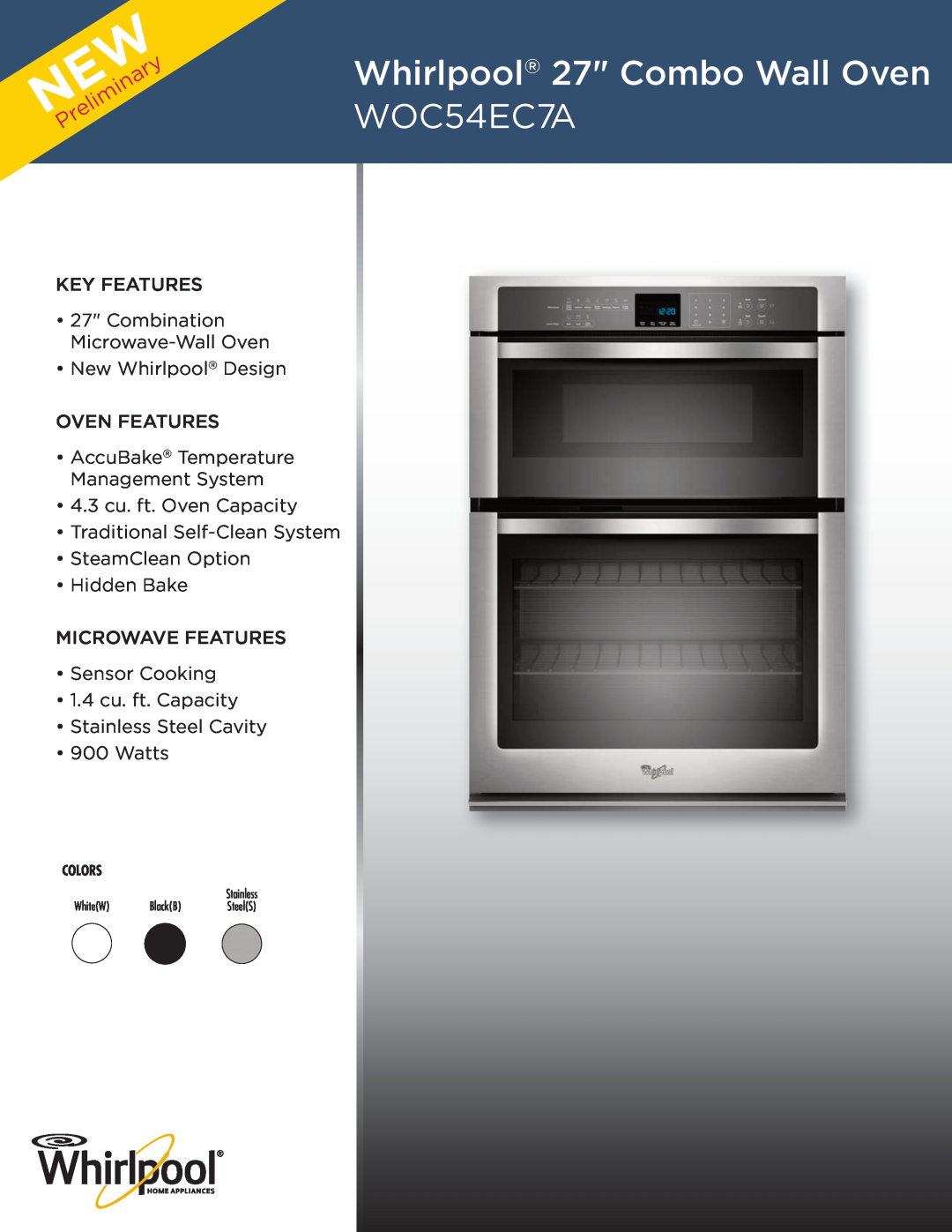 Whirlpool WOS51EC0A manual Whirlpool 27 Combo Wall Oven WOC54EC7A, 4.3 cu. ft. Oven Capacity Traditional Self-Clean System 