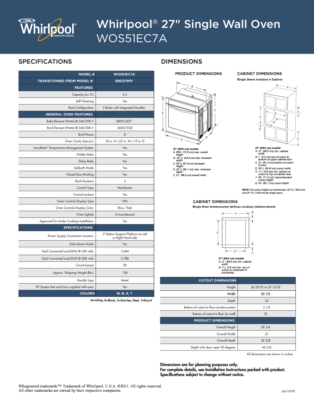 Whirlpool WOS51EC0A manual Product Dimensions, Cabinet Dimensions, Whirlpool 27 Single Wall Oven WOS51EC7A, Specifications 