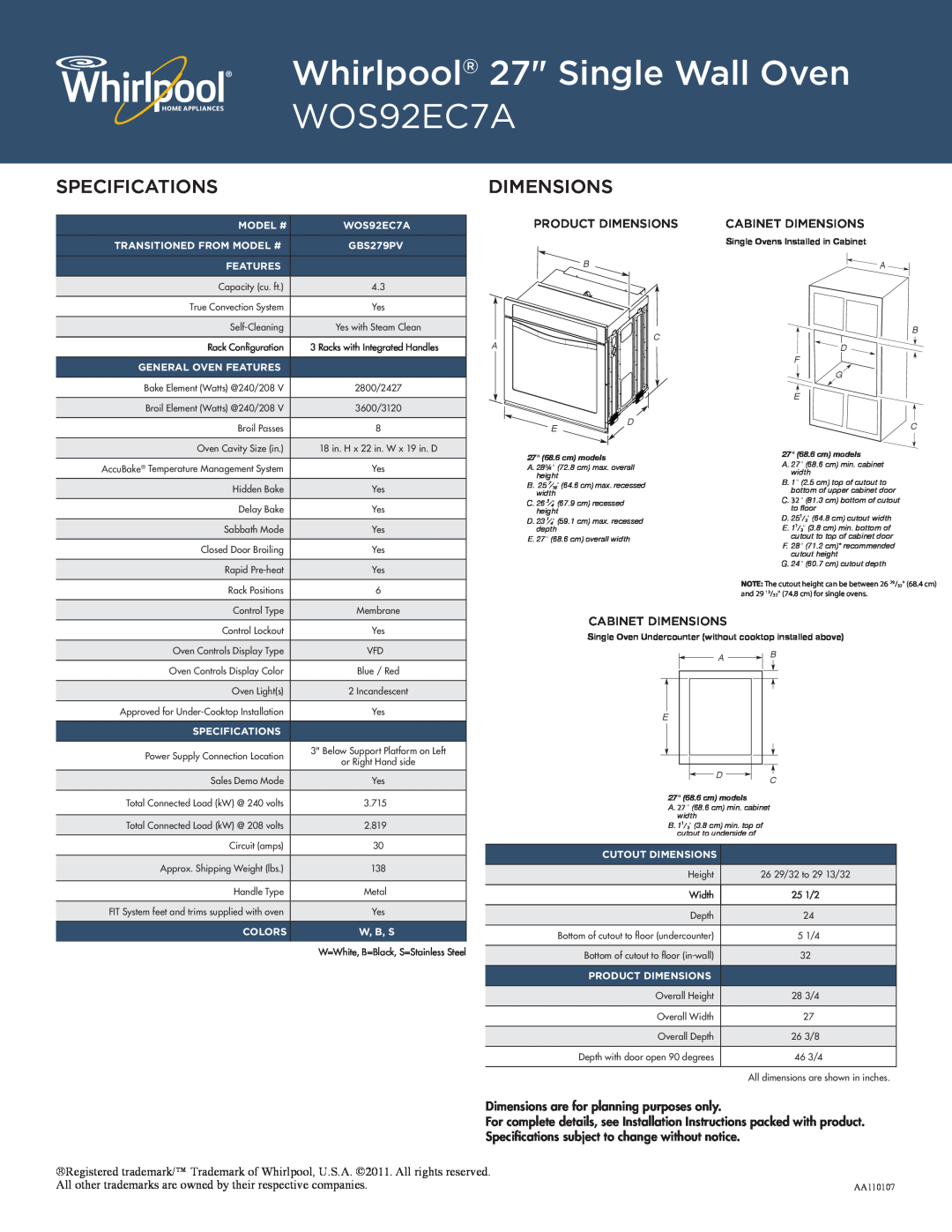 Whirlpool WOS51EC0A manual SpecificationsDimensions, Whirlpool 27 Single Wall Oven WOS92EC7A, Product Dimensions 
