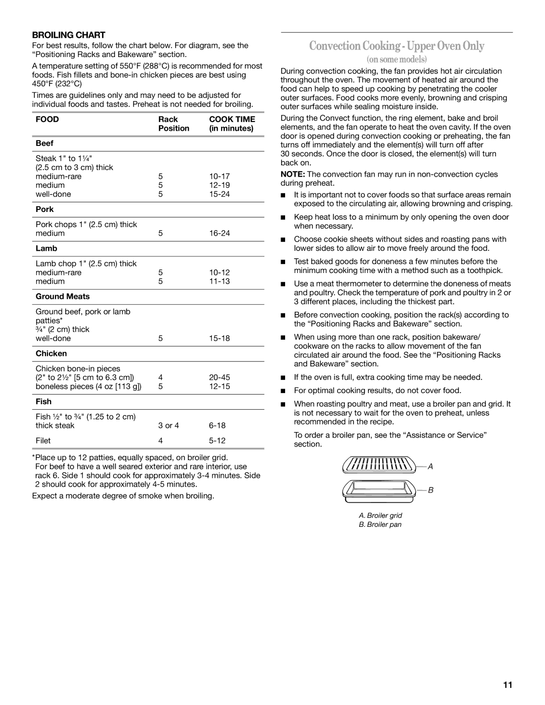 Whirlpool WOS51EC7AS, WOS92EC7AS, WOS92EC7AW, WOS93E Convection Cooking Upper Oven Only, Broiling Chart, Food, Cook Time 