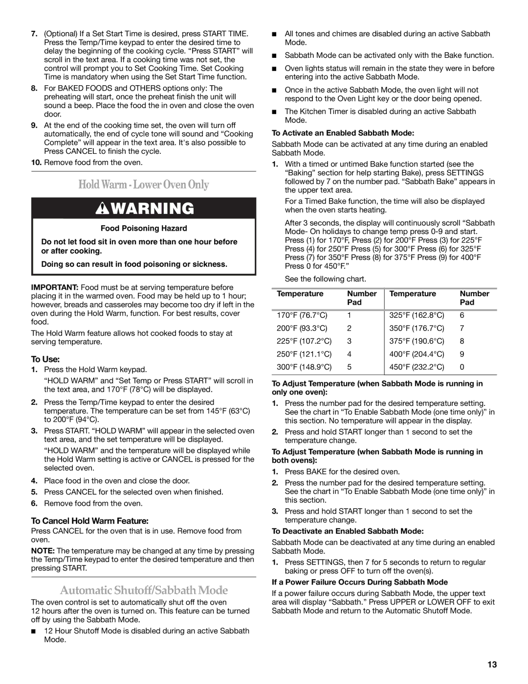 Whirlpool WOS51EC7AB manual Hold Warm -Lower Oven Only, Automatic Shutoff/Sabbath Mode, To Use, To Cancel Hold Warm Feature 