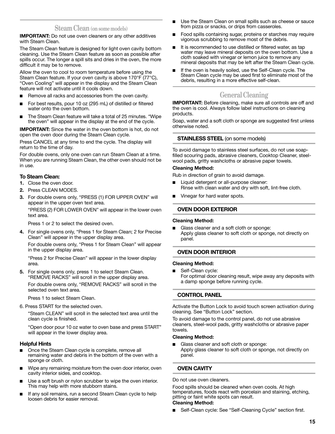 Whirlpool WOS51EC7AW, WOS92EC7AS manual General Cleaning, Oven Door Exterior, Oven Door Interior, Control Panel, Oven Cavity 