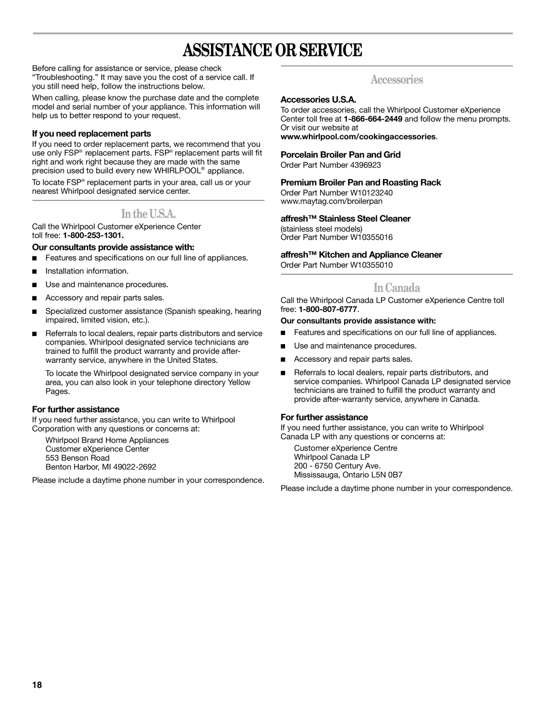 Whirlpool WOC54EC0AB, WOS92EC7AS, WOS92EC7AW, WOS93E, WOS92EC7AB, WOS51EC0AS Assistance or Service, U.S.A, Accessories, Canada 