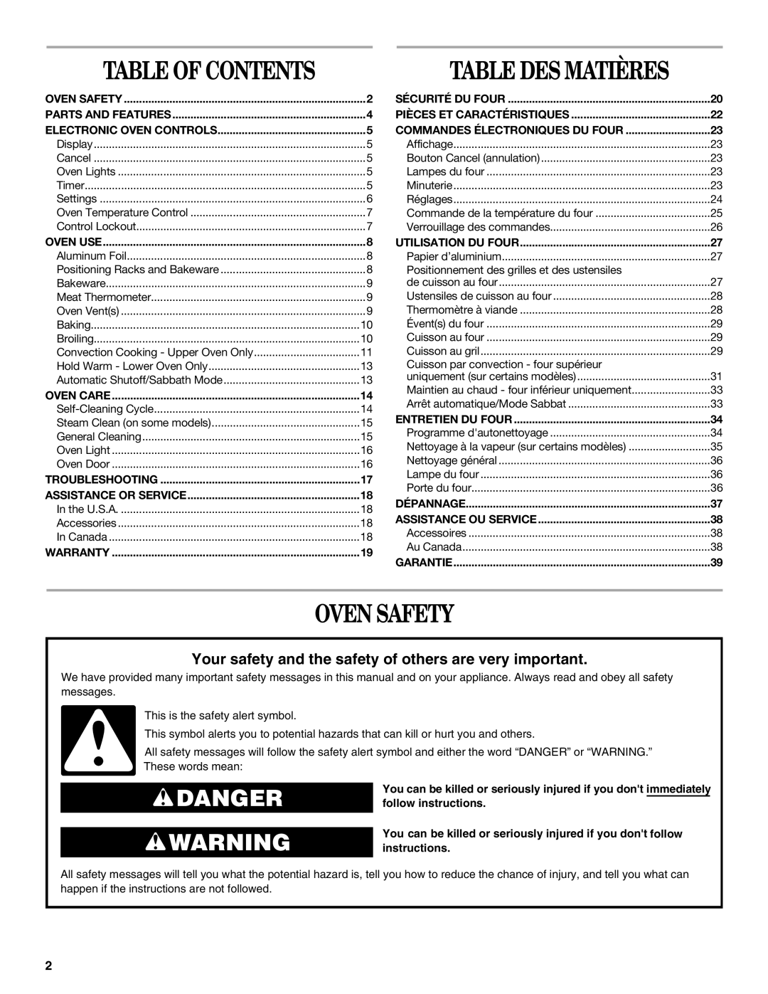 Whirlpool WOS93E, WOS92EC7AS, WOS92EC7AW, WOS92EC7AB, WOS51EC0AS, WOS51EC0AW, WOD93EC0AB manual Oven Safety, Table of Contents 