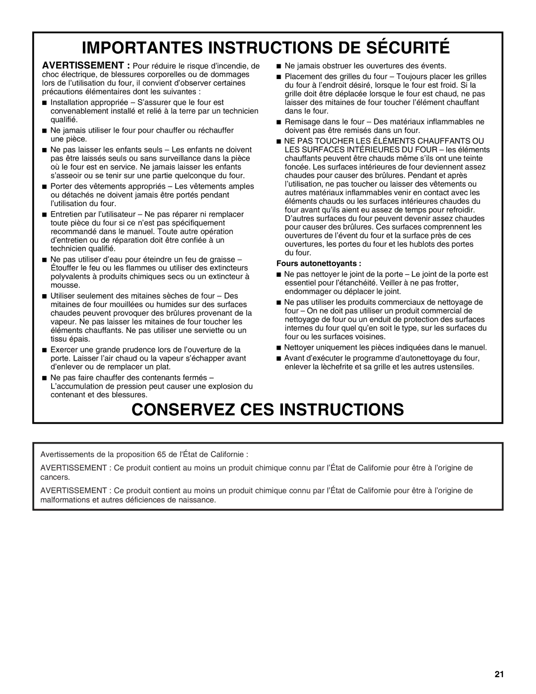 Whirlpool RMC275PVQ, WOS92EC7AS, WOS92EC7AW, WOS93E, WOS92EC7AB, WOS51EC0AS, WOS51EC0AW Importantes Instructions DE Sécurité 