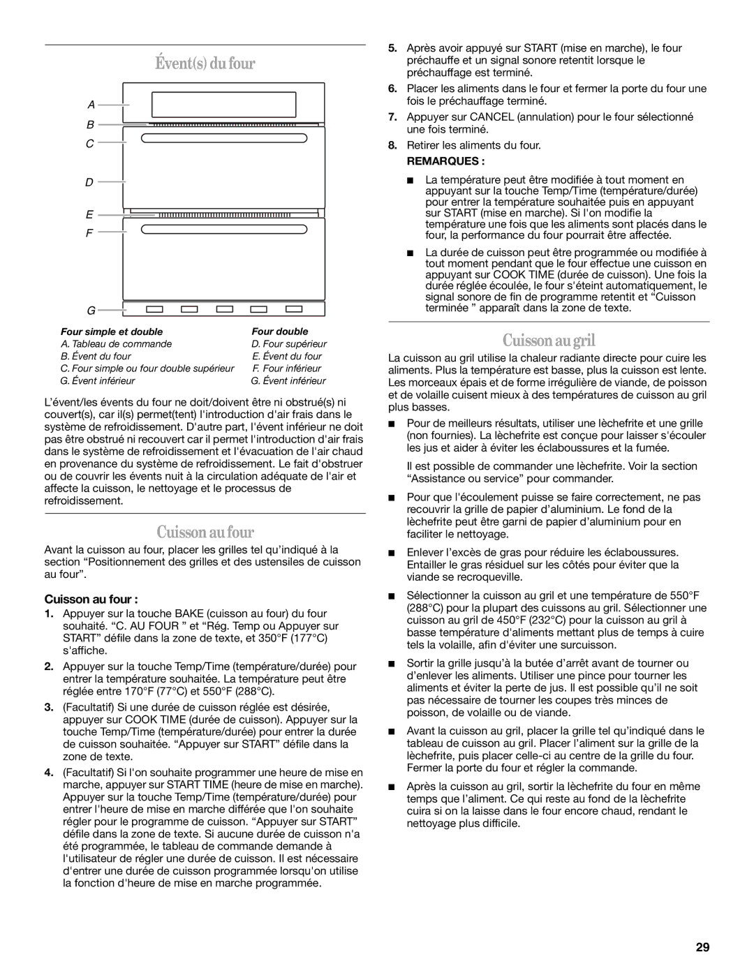 Whirlpool WOS92EC7AB, WOS92EC7AS, WOS92EC7AW, WOS93E, WOS51EC0AS Évents du four, Cuisson au gril, Cuisson au four, Remarques 