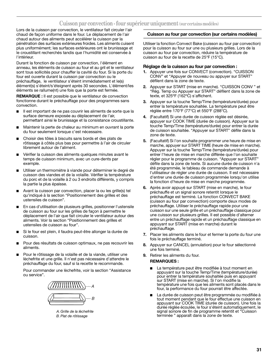 Whirlpool WOS92E, WOS93E Cuisson au four par convection sur certains modèles, Réglage de la cuisson au four par convection 