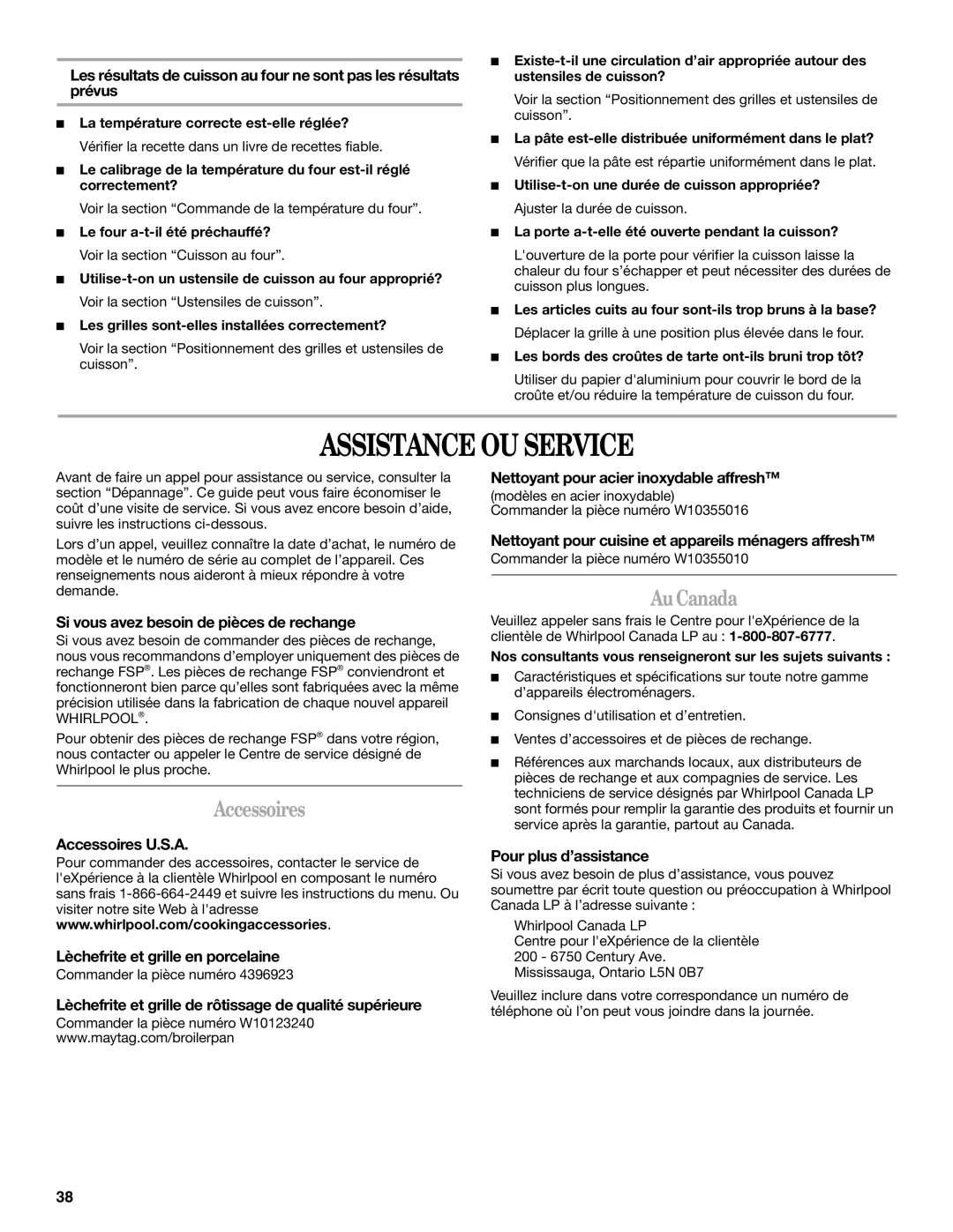 Whirlpool WOD51EC0AS, WOS92EC7AS, WOS92EC7AW, WOS93E, WOS92EC7AB, WOS51EC0AS Assistance OU Service, Accessoires, Au Canada 