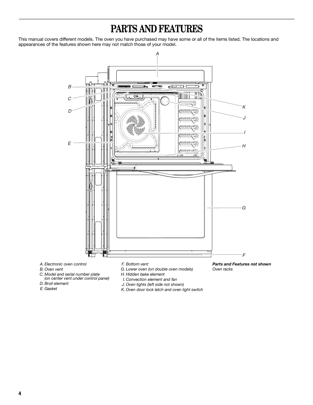 Whirlpool WOS51EC0AS, WOS92EC7AS, WOS92EC7AW, WOS93E, WOS92EC7AB, WOS51EC0AW, WOD93EC0AB, WOD93EC0AS manual Parts and Features 