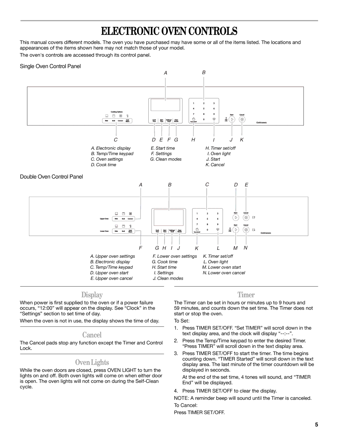 Whirlpool WOS92EC7AS, WOS92EC7AW, WOS93E, WOS92EC7AB, WOS51E Electronic Oven Controls, Display, Cancel, Oven Lights, Timer 