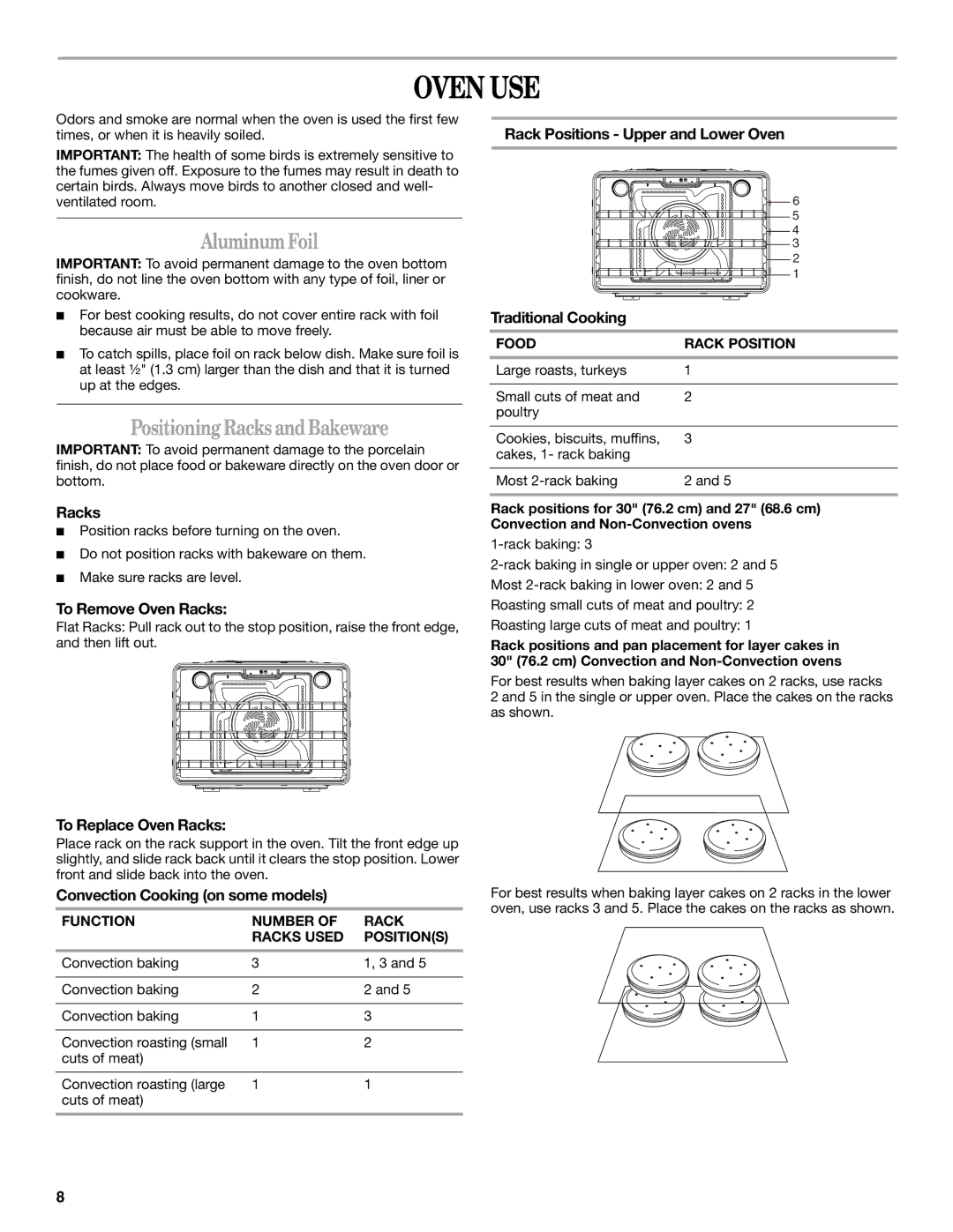 Whirlpool WOD93EC0AS, WOS92EC7AS, WOS92EC7AW, WOS93E, WOS92EC7AB manual Oven USE, Aluminum Foil, Positioning Racks and Bakeware 