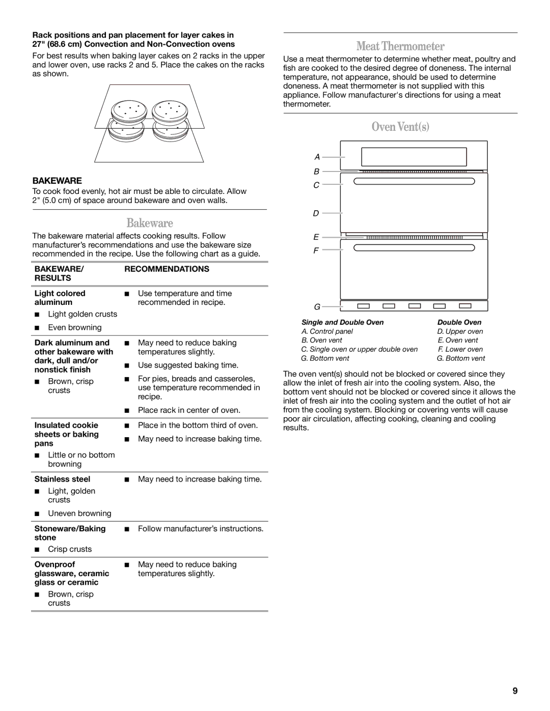 Whirlpool WOD93EC7AB, WOS92EC7AS, WOS92EC7AW, WOS93E manual Meat Thermometer, Oven Vents, Bakeware Recommendations Results 