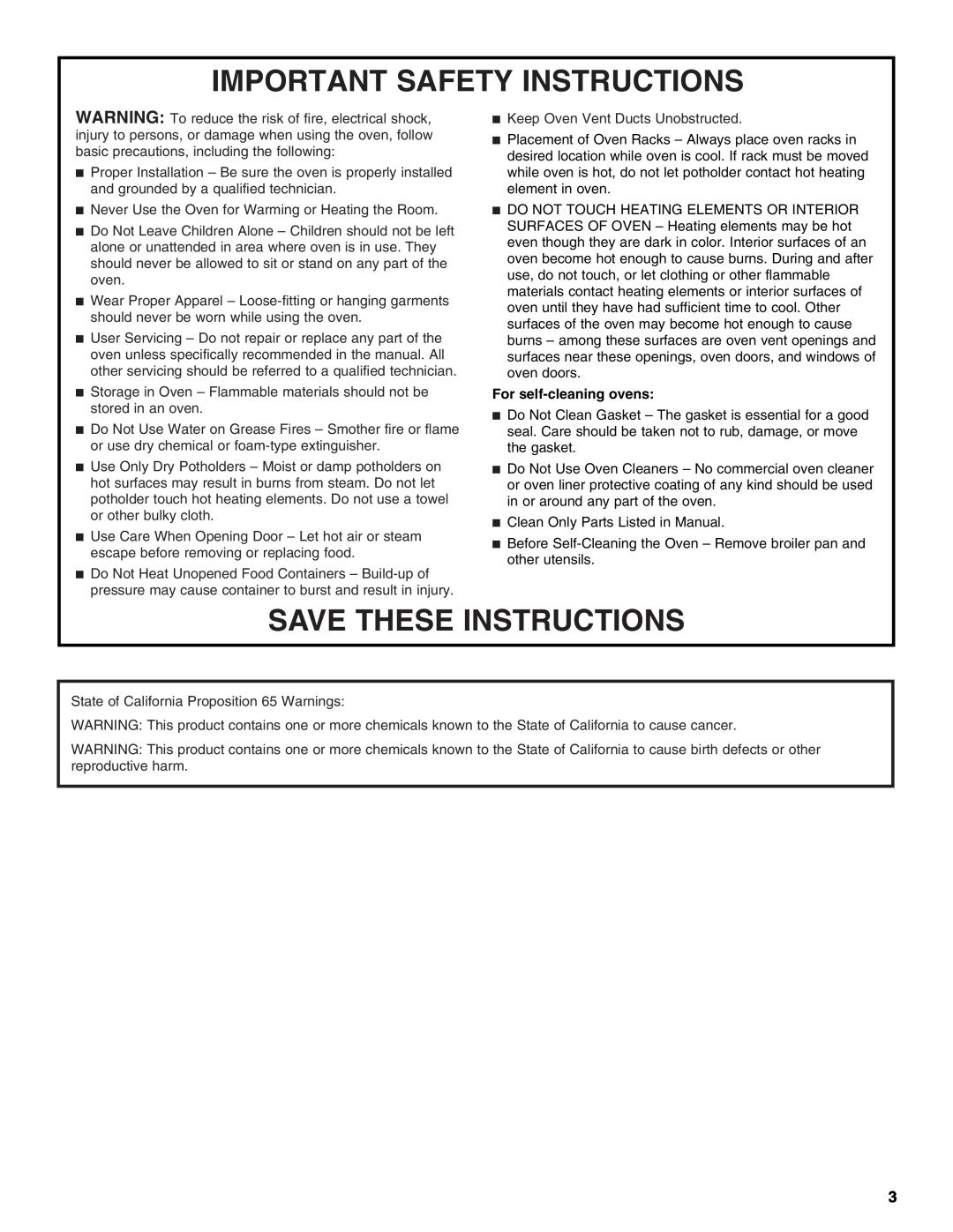 Whirlpool WOS92EC7AB, WOS92EC7AS, WOS93E Important Safety Instructions, Save These Instructions, For self-cleaning ovens 