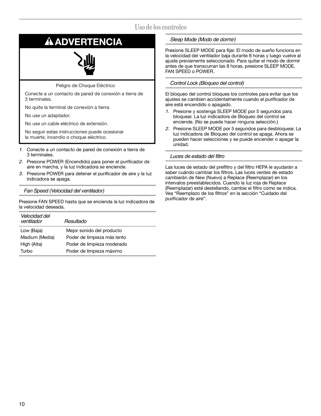 Whirlpool WP-AP510 manual Uso de los controles 