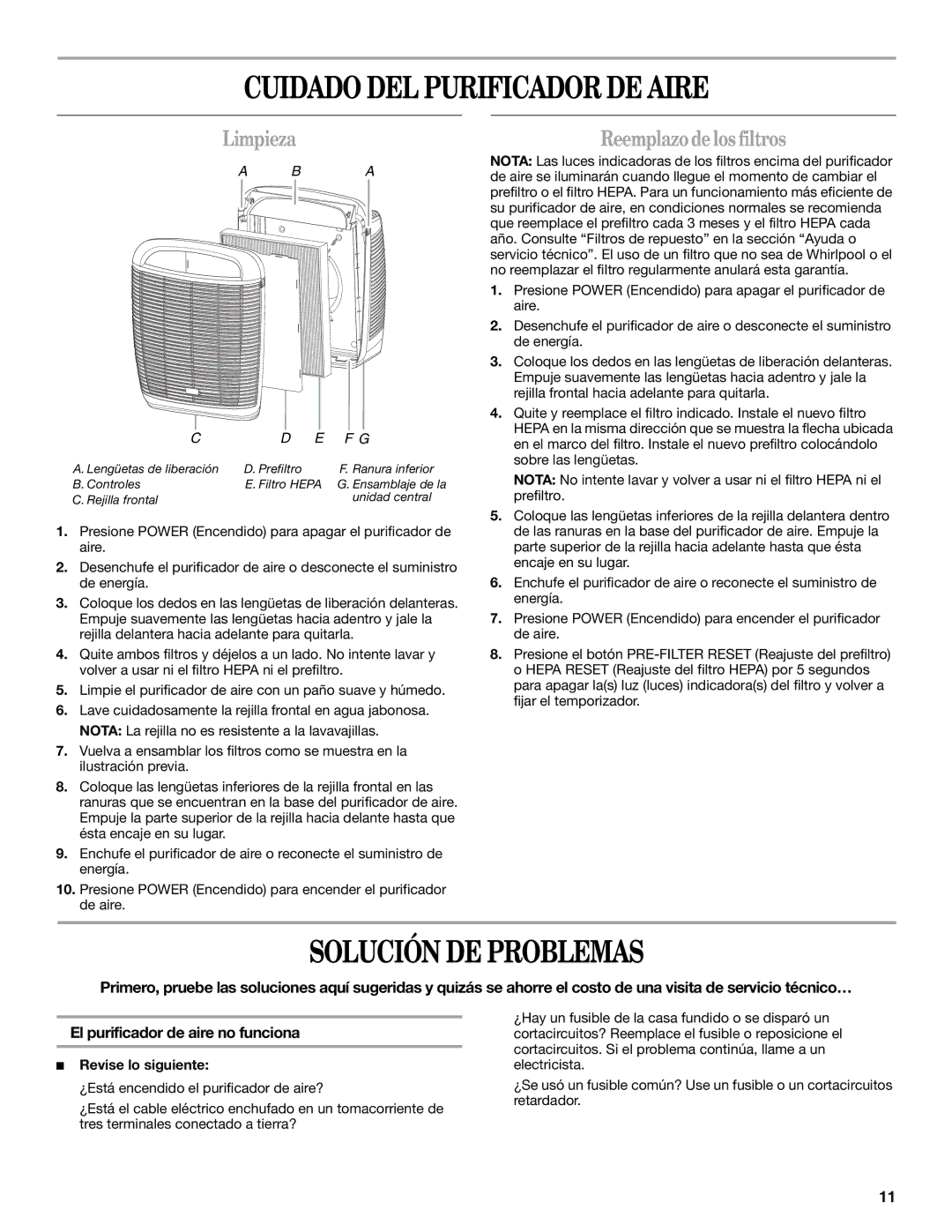 Whirlpool WP-AP510 manual Cuidado DEL Purificador DE Aire, Solución DE Problemas, Limpieza, Revise lo siguiente 